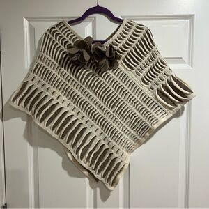 Aine Floral Cream and Brown Women's Lambswool Poncho Sweater